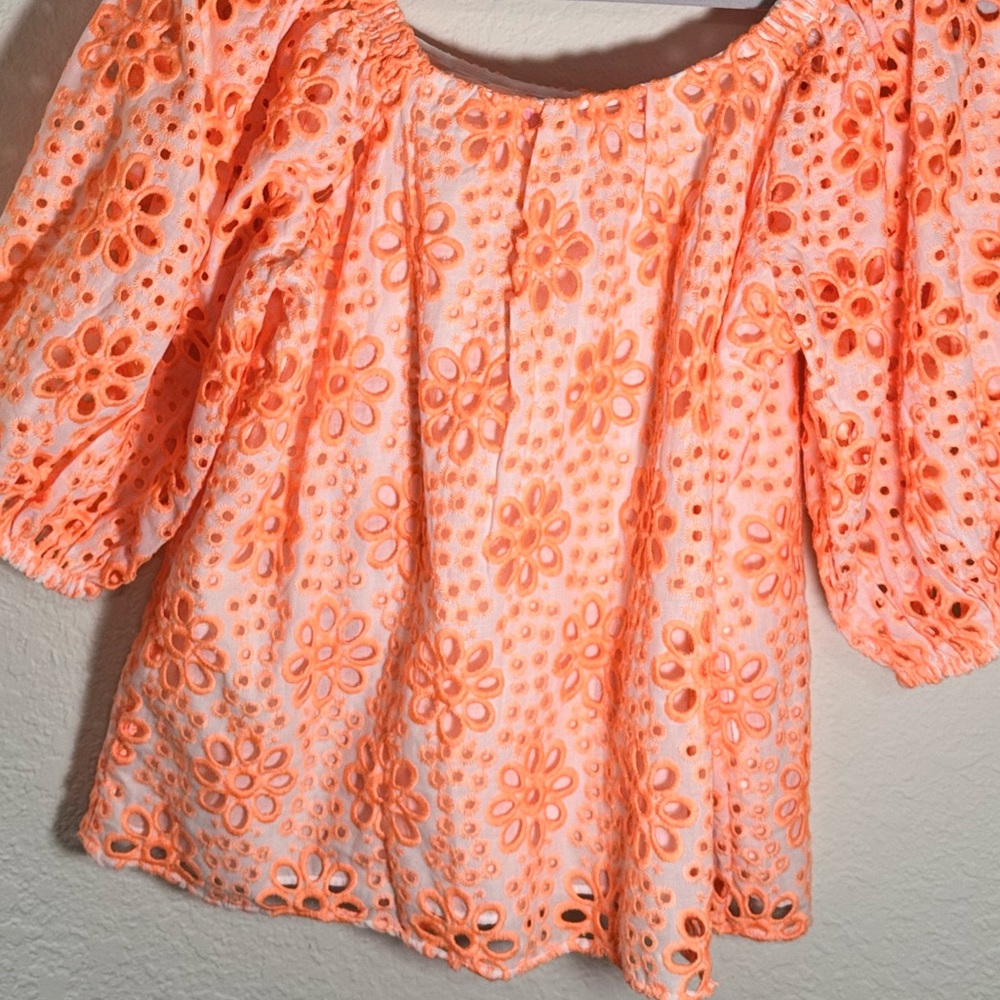 Lilly Pulitzer Kerrigan Elbow Sleeve Top Cantaloupe Funflower Eyelet - Picture 9 of 11